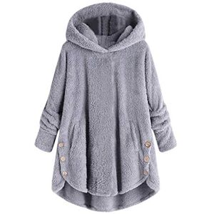 Teddy Bear Hoodie Women,KaloryWee Ladies Sherpa Fluffy Side Button Plain Sweatshirt UK 8-22 Plus Size Oversized Pullover Gray