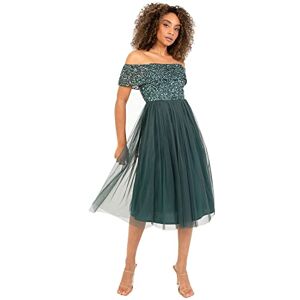 Maya Deluxe Women's Ladies Bardot Dresses Midi High Empire Waist Sequins Embellished Formal Evening for Wedding Guest Bridesmaid, Emerald Green, 18