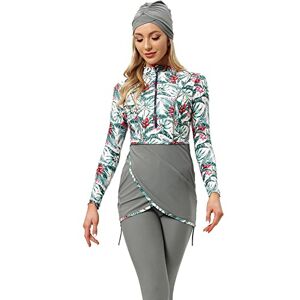 Womens Muslim Swimwear Modest Swimsuit Hijab Burkini Top+Pants Rashguard 3 Pieces Full Cover Floral Print Swimming Costume UV Protection Surfing Outfit for Girls Grey L