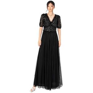 Maya Deluxe Women's Maxi Dress Ladies V-Neck Short Sleeve Sequin Embellished Tulle Ruffle for Wedding Guest Bridesmaid Ball Gown, Black, 16 Maya Deluxe Women's Maxi Dress Ladies V-Neck Short Sleeve Sequin Embellished Tulle Ruffle for Wedding Guest Bridesmaid Ball Gown, Black, 16