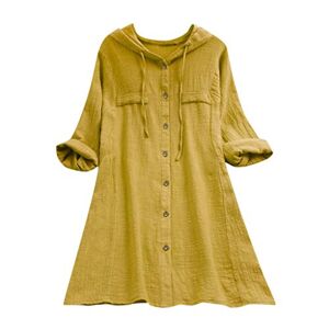 Hzmm Long Sleeve T Shirts for Women Summer Button Cotton Tee Shirt Tops Loose Drawstring Blouse Casual Womens Hooded Plus Size Blouse Tunic Top Shirt for Girl Yellow