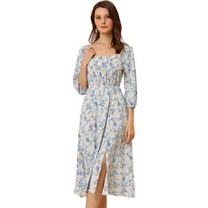 Allegra K Ditsy Floral Dress for Women's Casual Square Neck Puff Sleeve Split Hem Smocked Midi Dresses Light Blue S