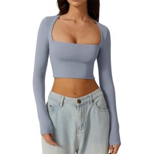 Caziffer Women Y2K Square Neck Gong Out Crop Top Long Sleeve Low Cut Slim Fit Tshirt Lightweight Tight Tee Fall Trendy 2023 (Cropped Blue, M)