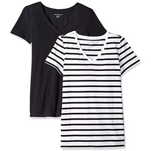Amazon Essentials Women's Regular-Fit Short-Sleeve V-Neck T-Shirt, Pack of 2, Black/White Stripes, XS Amazon Essentials Women's Regular-Fit Short-Sleeve V-Neck T-Shirt, Pack of 2, Black/White Stripes, XS
