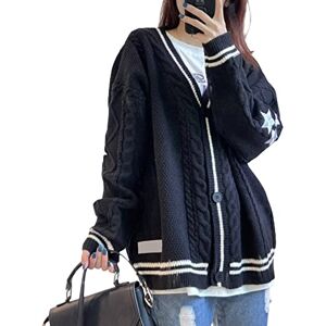 The Y2K Women's Long Sleeve Cardigan Open FrontVintage Sweater Star Knitwear Coat Cardigan Coat Fall Outwear (Black, L)