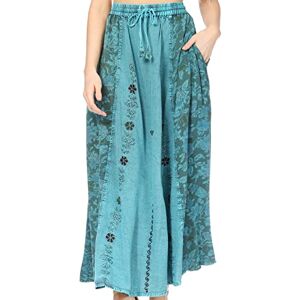 Sakkas 1827 - Maran Women's Boho Embroidery Skirt with Lace Elastic Waist and Pockets - Turquoise - OSP