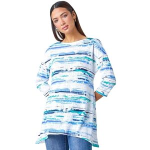 Roman Originals Hanky Hem Tunic Top For Women UK - Ladies Longline Blouse Asymmetric Hemline Casual Slouch Loose 3/4 Sleeves Round Neck Relaxed Comfortable Holiday - Blue White Green - Size 18