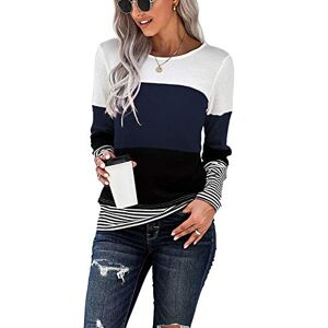 SMENG t shirts for women uk Autumn Long Sleeve Jumper Patchwork Crew Neck Colour Block Sweatshirts Quality Striped Pullover Navy Size(Uk18-20)