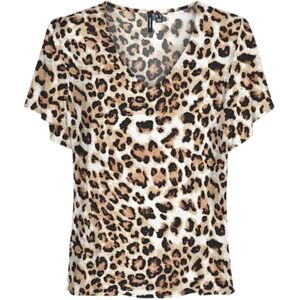VERO MODA Women's Vmeasy Joy V-Neck SS Blouse WVN Ga Top, Tan/AOP: Leo, S VERO MODA Women's Vmeasy Joy V-Neck SS Blouse WVN Ga Top, Tan/AOP: Leo, S