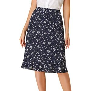 Allegra K Women's Floral Ruffle Hem Elastic Back Button Split Midi Skirt Dark Blue XS-4