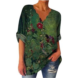 Tie Front Blouses For Women Uk V Neck T Shirts for Women UK Sale Retro Vintage Print Shirt Oversized Long Sleeve Tops Cotton Linen T-shirt Casual Loose Floral Graphic Tee Summer Spring Blouse Long Length Tunic Plus Size 22