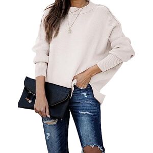 Runcati Women's Batwing Sleeve Knitted Jumper Oversized Loose Side Slit Pullover Plain Long Sleeve Crew Neck Top, beige, L