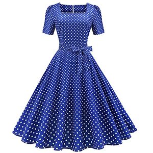 1950s Dresses for Women UK Vintage Elegant 1940s 50s Style Audrey Hepburn Rockabilly Short Sleeve Polka Dots A Line Swing Midi Skater Tea Dress Cocktail Party Evening Prom Gown Plus Size B#Blue XL