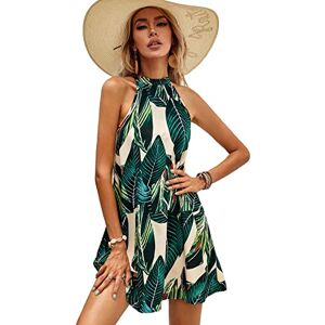 GORGLITTER Women's Tropical Print Tie Back Flare A Line Halter Mini Dress Summer Sleeveless Swing Tunic Dresses Green L