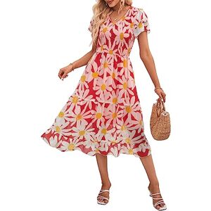 SYKT Women's Summer Boho Floral A-Line Dresses V Neck Short Sleeve Casual Mid-Long Dress