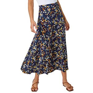 Roman Originals Gathered Skirt for Women UK Ladies Ditsy Floral Print Midi Maxi Long Length Stretchy Pleated Casual Fit Flare Jersey Elasticated Waist Summer Spring - Navy Yellow - Size 20