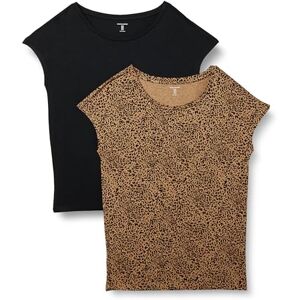 Amazon Essentials Women's Jersey Regular-Fit Short-Sleeve Boat-Neck T-Shirt, Pack of 2, Black/Brown Cheetah, L Amazon Essentials Women's Jersey Regular-Fit Short-Sleeve Boat-Neck T-Shirt, Pack of 2, Black/Brown Cheetah, L