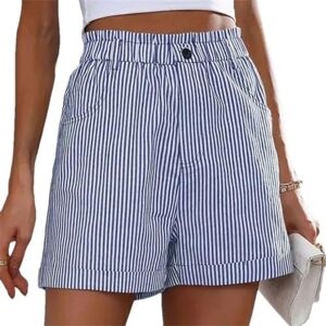 JXQXHCFS Casual Pockets Striped Printing Shorts Summer Clothes Women Elastic Waist Patchwork Button Straight Pants Blue S