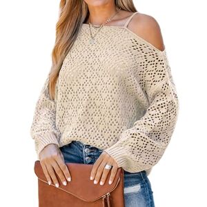 CUPSHE Women Jumper Sweater Cutout Crochet One-Shoulder Sweater Cami Long Sleeves Ribbed Trim Beige L
