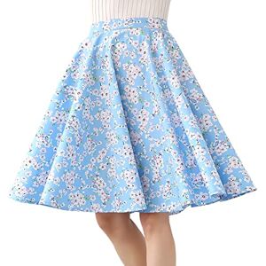 Womens Vintage Pleated Midi Skirt Floral A-line Knee-Length Skirts High Waist Polka Dots Flared Skirt Retro 50s 60s Cocktail Party Casual Summer Rockabilly Swing Dresses Sky blue-floral Large