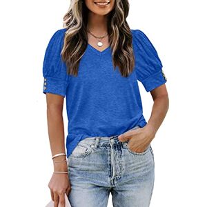 Aokosor Ladies Tops V Neck T Shirts for Women Button Puff Sleeve Summer Casual Tee Blue Size 22-24