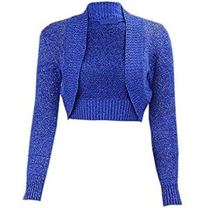 M98 New Womens Cropped Metallic Bolero Long Sleeve Party Lurex Shrug Ladies Knitted Plus Size Evening Wedding TOP. (XL (UK 20-22), Blue)