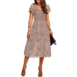 SYKT Women's Summer Boho Floral A-Line Dresses V Neck Short Sleeve Casual Mid-Long Dress Brown