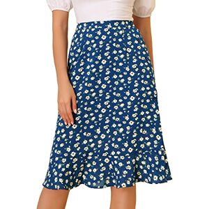 Allegra K Women's Floral Ruffle Hem Elastic Back Button Split Midi Skirt Blue L-16