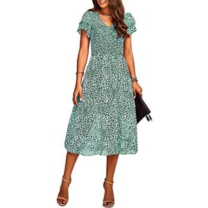 SYKT Women's Summer Boho Floral A-Line Dresses V Neck Short Sleeve Casual Mid-Long Dress Green