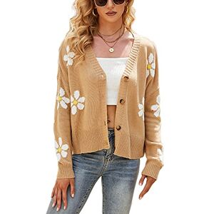 Femereina Womens Y2K Long Sleeve Open Front Cardigan Sweaters Floral Print V-Neck Button Down Knitted Cardigans Outwear (Camel, Large)