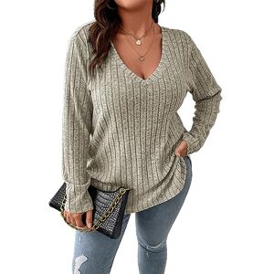 Gemulate Long Sleeve Big Size Jumpers v Neck Women Clothes Ladies Clothing Loose Pullover Shirts Plus Size Sweatshirt Beige 4X-Large
