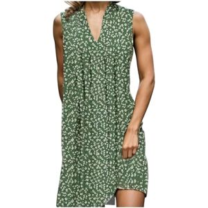 Women Casual A-Line Dress V Neck Sleeveless Boho Floral Printed Dress Summer Beach Vacation Pleated Loose T Shirt Dress (Green, L)