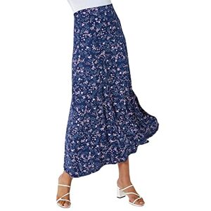 Roman Originals Gathered Skirt for Women UK Ladies Ditsy Floral Print Midi Maxi Long Length Stretchy Pleated Casual Fit Flare Jersey Elasticated Waist Summer Spring - Navy Grey - Size 20