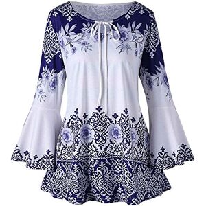 Haolei Oversized T Shirts for Women UK Sale Retro Vintage Print Argyle Shirt Bell Sleeve Swing Tops Keyhole Neck Casual Long Sleeve Graphic Summer Tee Blouse Long Length Tunic Tops Plus Size 22-24 Blue