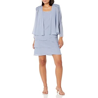 S.L. Fashions Women's Embellished Tiered Jacket Dress (Petite and Regular) Special Occasion, Hydrangea, 14 S.L. Fashions Women's Embellished Tiered Jacket Dress (Petite and Regular) Special Occasion, Hydrangea, 14