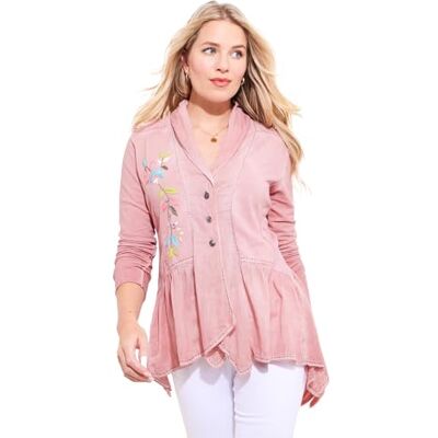 Joe Browns Women's Floral Embroidered Button Through Jersey Top Shirt, Pink, 12 Joe Browns Women's Floral Embroidered Button Through Jersey Top Shirt, Pink, 12