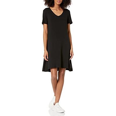 Amazon Essentials Women's Regular Fit Short Sleeve V-Neck Swing Tunic Dress, Black, M Amazon Essentials Women's Regular Fit Short Sleeve V-Neck Swing Tunic Dress, Black, M
