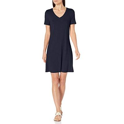 Amazon Essentials Women's Regular Fit Short Sleeve V-Neck Swing Tunic Dress, Navy, S Amazon Essentials Women's Regular Fit Short Sleeve V-Neck Swing Tunic Dress, Navy, S