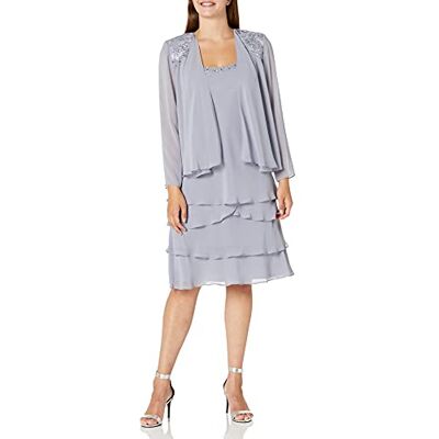 S.L. Fashions Women's Mother of The Bride Tiered Jacket Dress with Shoulder Embellishment (Petite and Regular Sizes) Special Occasion, Concrete, 14 S.L. Fashions Women's Mother of The Bride Tiered Jacket Dress with Shoulder Embellishment (Petite and Regular Sizes) Special Occasion, Concrete, 14