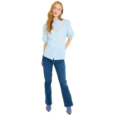 Joe Browns Women's Frilly Neck Broderie Embroidered Blouse, Regular, Blue, UK 22 Joe Browns Women's Frilly Neck Broderie Embroidered Blouse, Regular, Blue, UK 22