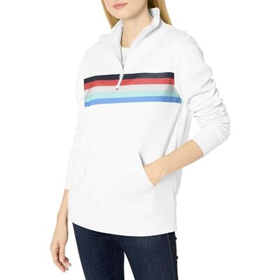 Amazon Essentials Women's Long-Sleeve Fleece Quarter-Zip Jumper (Available in Plus Sizes), Red White Placed Stripe, L Amazon Essentials Women's Long-Sleeve Fleece Quarter-Zip Jumper (Available in Plus Sizes), Red White Placed Stripe, L