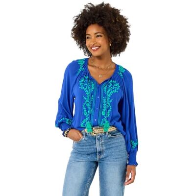 Joe Browns Women's Embroidered Tassel Tie Shirred Cuff Top, Relaxed, Blue, UK 10 Joe Browns Women's Embroidered Tassel Tie Shirred Cuff Top, Relaxed, Blue, UK 10