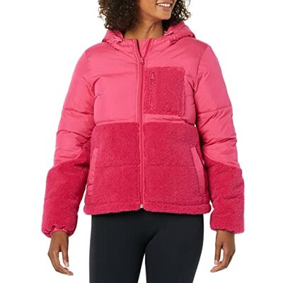 Amazon Essentials Women's Full-Zip Sherpa Fleece Hooded Puffer Jacket, Hot Pink, Large Amazon Essentials Women's Full-Zip Sherpa Fleece Hooded Puffer Jacket, Hot Pink, Large