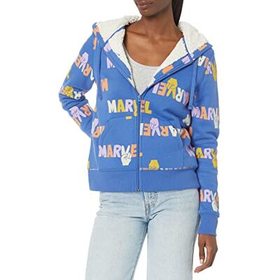 Amazon Essentials Disney Marvel Star Wars Princess Women's Fleece Sherpa-Lined Full-Zip Hoodies, Marvel Multi Peace, L Amazon Essentials Disney Marvel Star Wars Princess Women's Fleece Sherpa-Lined Full-Zip Hoodies, Marvel Multi Peace, L