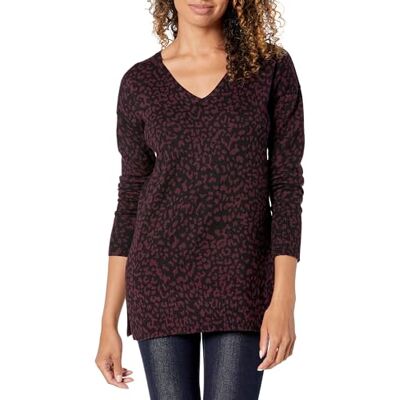 Amazon Essentials Women's Regular Fit Lightweight Long-Sleeved V-Neck Tunic Jumper (Available in Plus Size), Black Animal Print, XS Amazon Essentials Women's Regular Fit Lightweight Long-Sleeved V-Neck Tunic Jumper (Available in Plus Size), Black Animal Print, XS