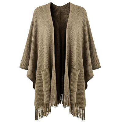 Ferand Women's Open Front Poncho Cape with Pockets Soft Knit Fringe Shawl Wrap, Khaki, One Size Ferand Women's Open Front Poncho Cape with Pockets Soft Knit Fringe Shawl Wrap, Khaki, One Size