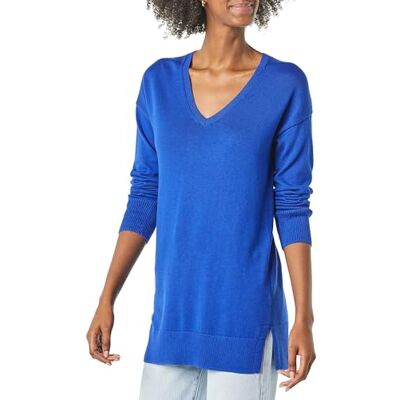 Amazon Essentials Women's Regular Fit Lightweight Long-Sleeved V-Neck Tunic Jumper (Available in Plus Size), Bright Blue, M Amazon Essentials Women's Regular Fit Lightweight Long-Sleeved V-Neck Tunic Jumper (Available in Plus Size), Bright Blue, M