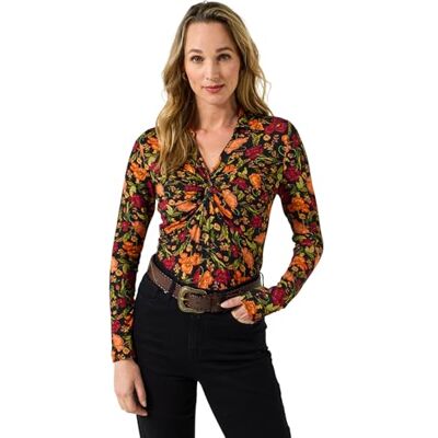 Joe Browns Women's Floral Twist-Front Collared Jersey Top, Regular, Orange, UK 18 Joe Browns Women's Floral Twist-Front Collared Jersey Top, Regular, Orange, UK 18