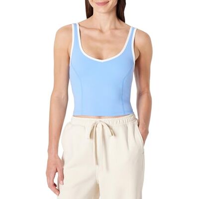 Amazon Essentials Women's Active FormFlex Buttery Soft Light Support Crop Tank with Bra and Contrast Trim, Light Blue/White, S Amazon Essentials Women's Active FormFlex Buttery Soft Light Support Crop Tank with Bra and Contrast Trim, Light Blue/White, S