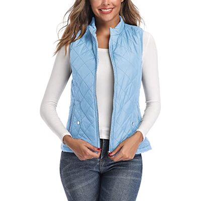 LONGKING LK Women's Padded Vest, Stand Collar Lightweight Zip Quilted Gilet Light Blue L LONGKING LK Women's Padded Vest, Stand Collar Lightweight Zip Quilted Gilet Light Blue L